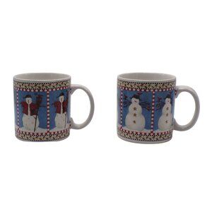 Sakura Debbie Mumm 1997 SNOWMAN Blue & White Winter Scene (2) Stoneware Mugs